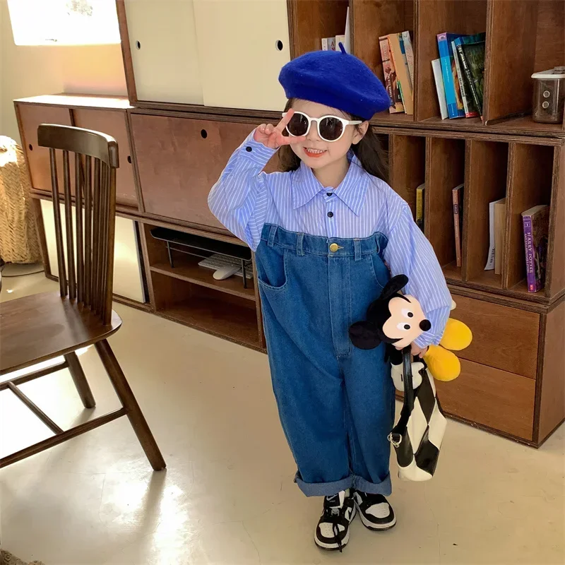

Fashion Boys Girls Striped Shirt Patckwork Denim Jumpsuit 2025 Spring Long Sleeved Kids Loose Romper Children Overalls