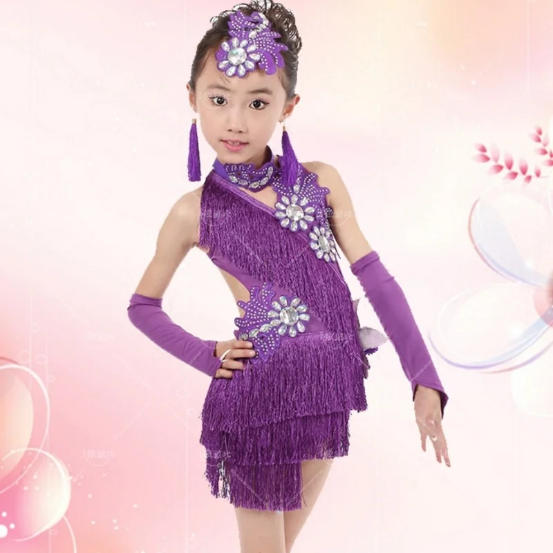 child kid children professional latin dance dress for girls ballroom dancing dresses for kids red sequin fringe salsa JustSaiyan