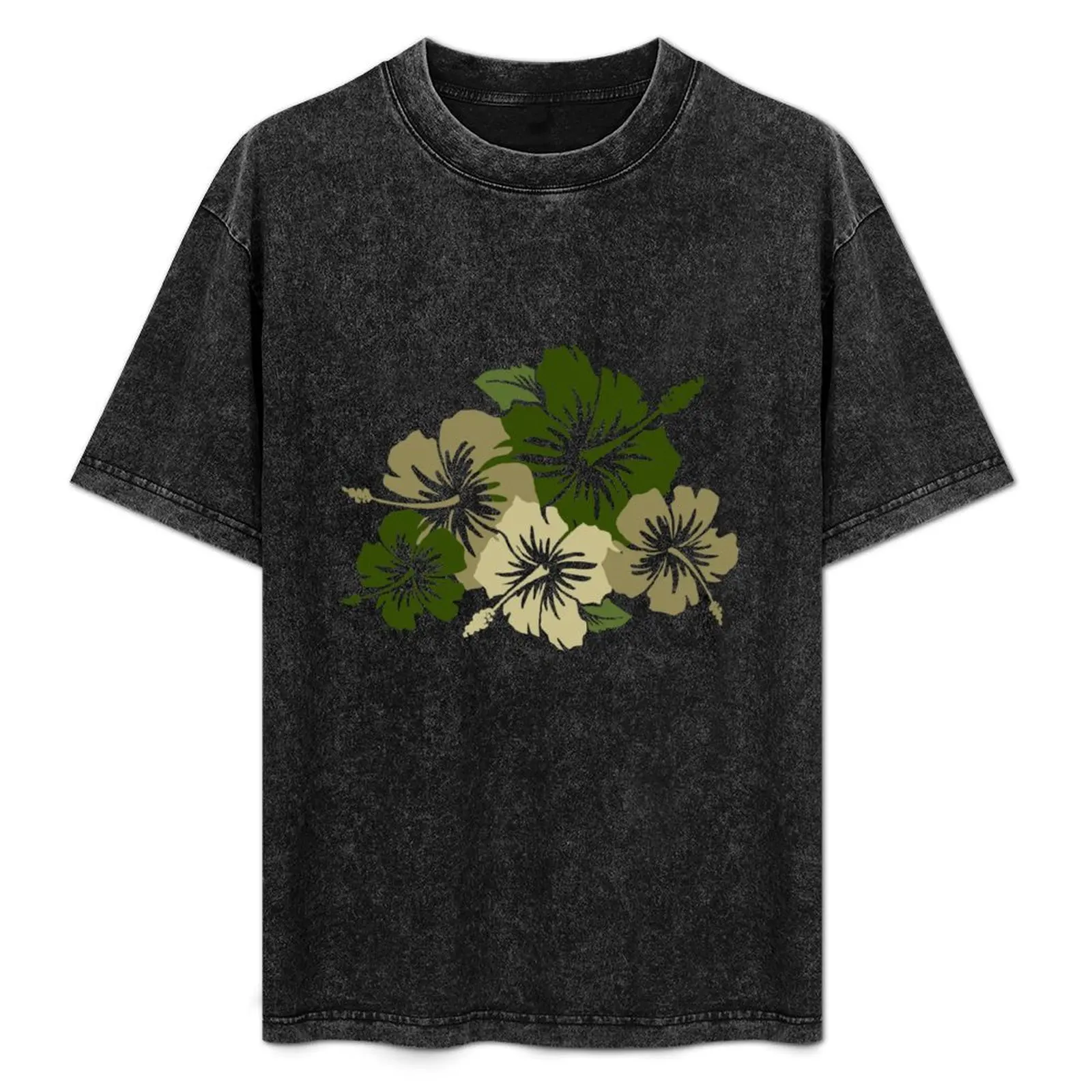 

Epic Hibiscus Hawaiian Floral Aloha Shirt Print - Olive Green T-Shirt Simple Solid Color Crew Neck Tee