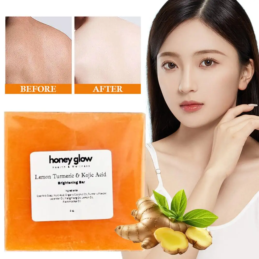 Lemon Turmeric Kojic Acid Brightening Soap Deeply Cleansing Tone Skin Even Glowing Body Handmade Rejuvenating Soap Exfoliat N1T9