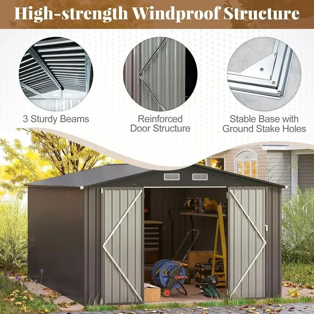10 x 14 T Outdoor Storage Shed, Large Garden Tool House w/Improved Windproo Metal Structure, 4 Vents, Lockable Door, Waterproo U