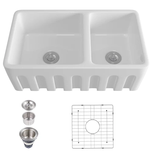 

Ceramic White Kitchen Sink 32.75" L X 20" W Double Basin Farmhouse Sink Rectangular Vessel Sink With Grooves