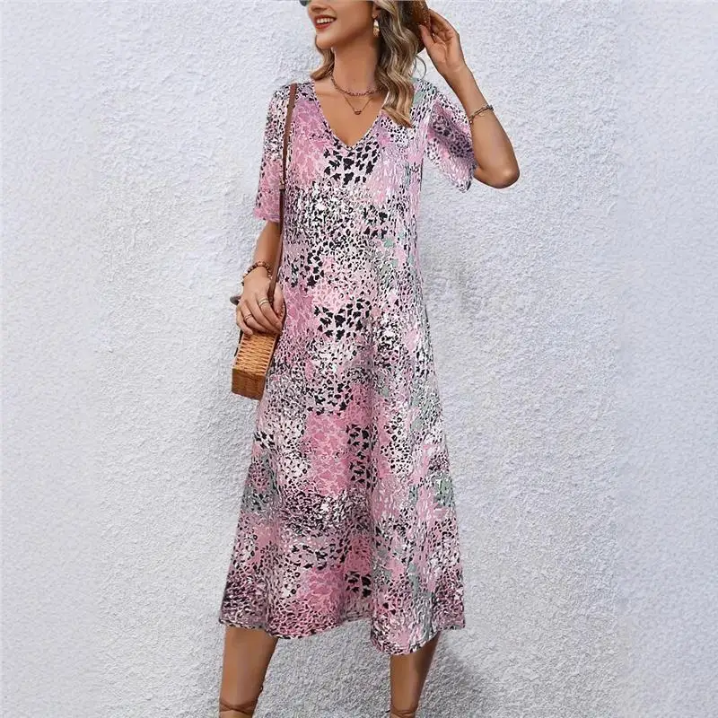 

Floral Print V-Ne ort Sve Long Dr Women's Spring Summer Cross-Border Clothing Floral Skirt Autumn Season China Made