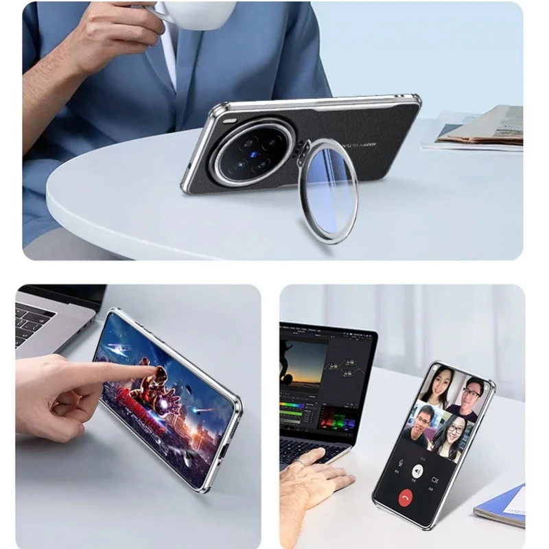 X200 Luxury Plating Leather Metal Lens Holder Case for VIVO X200 Pro Four Corner Shockproof Bumper Protective Cover X200 Ultra