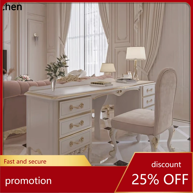 

CZ light luxury solid wood desk luxury carved writing table size apartment study office table and chair combination