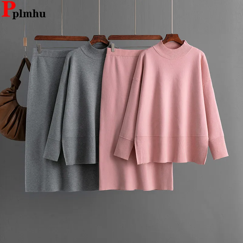 

Korean Solid Knitted 2 Piece Sets Women O-neck Long Sleeve Knitwears Sweater Pullover Tops Conjuntos Casual Split Skirts Outfit