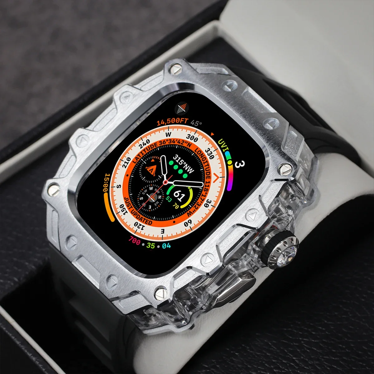 Luxury Metal Case Modification Kit for Apple Watch Band Ultra 2 49mm Stainless Steel Case Rubber Strap Iwatch Series Ultra 49mm