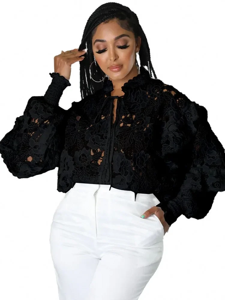 Dashiki African Shirts For Women Elegant Long Sleeve Hollow Out Lace Sheer See Through Top Blouse Clothing 2022 New Autumn