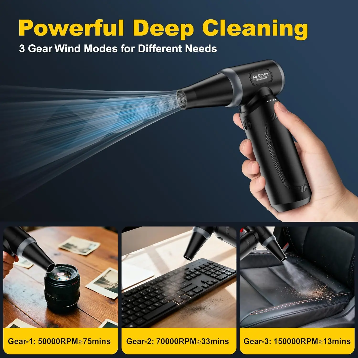 منفضة هواء كهربائية، منفضة هواء مضغوطة 150000 دورة في الدقيقة للتنظيف، منفاخ صغير لاسلكي قابل للتعديل بثلاثة تروس مع شحن سريع، جيت