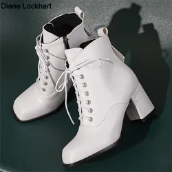 2025 Autumn Winter Fashion Platform Women Ankle Boots Lace-up Woman Boots Ladies Shoes Female Zapatos de Mujer White Apricot Gra