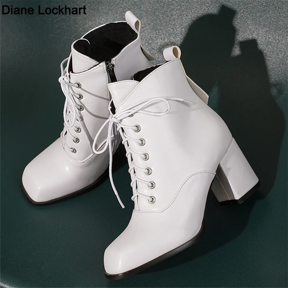 2024 Autumn Winter Fashion Platform Women Ankle Boots Lace-up Woman Boots Ladies Shoes Female Zapatos de Mujer White Apricot Gra