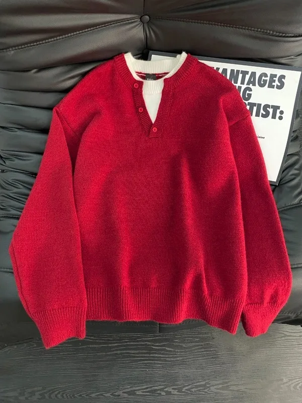 

Красный повседневный вязаный свитер мужской, двубортный, для ношения под одеждой, в американском стиле, для пар, новая версия, зимний, премиум-класса