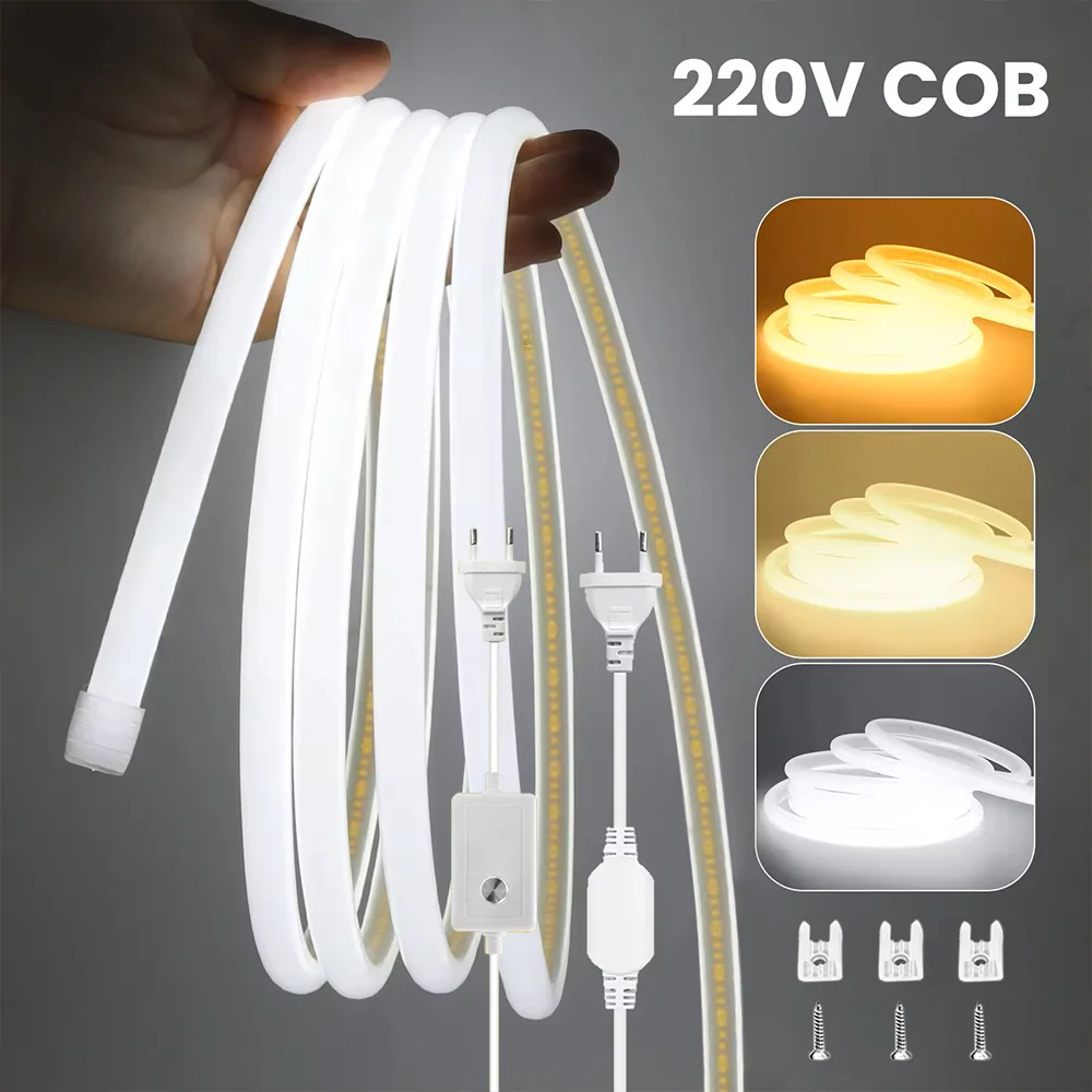 

220V 230V Cob LED Light Strip EU Plug Dimmable Bright IP65 Waterproof 320LEDS/m Warm Cold White Indoor Outdoor Decor Lights