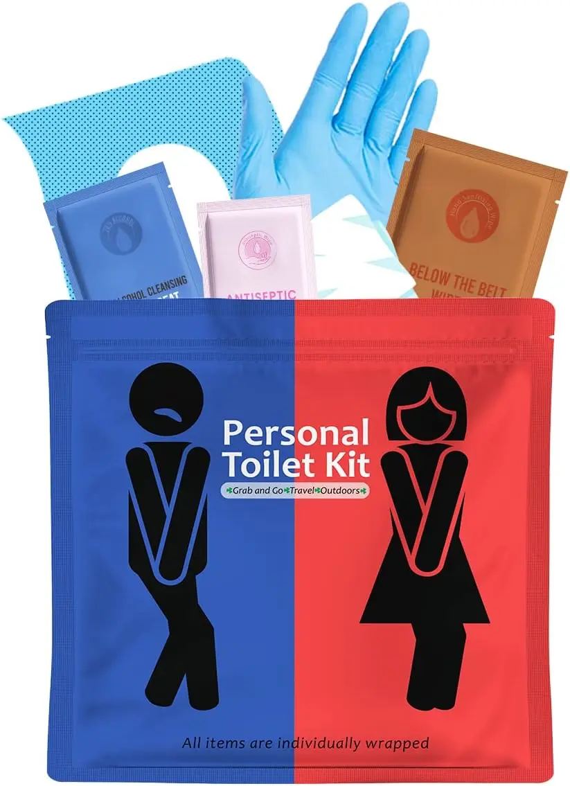 

Travel Toilet Kit: Portable Restroom Essentials with Paper, Wipes, Gloves & Seat Covers in Zip Bag