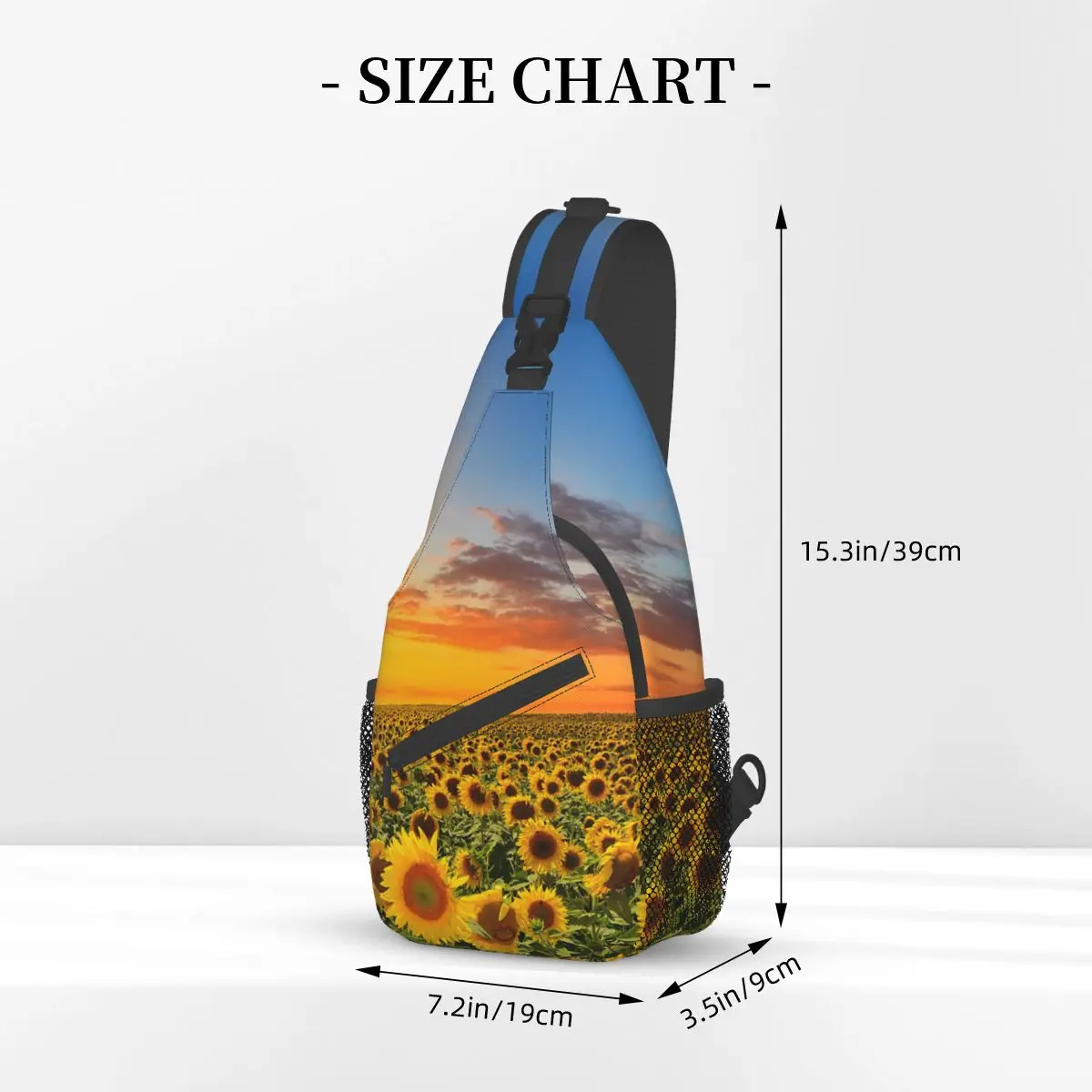 Feld der blühenden Sonnenblumen Schulter taschen Brust Cross body Schulter gurt Rucksack Outdoor Sport Tages rucksäcke Sonnen untergang Männer Frauen Pack