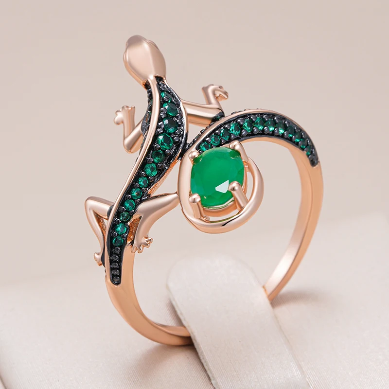 Kinel Hot Punk Green Natural Zircon Lizard Ring for Women 585 Rose Gold and Black Plating Vintage Animal Daily Fine Jewelry