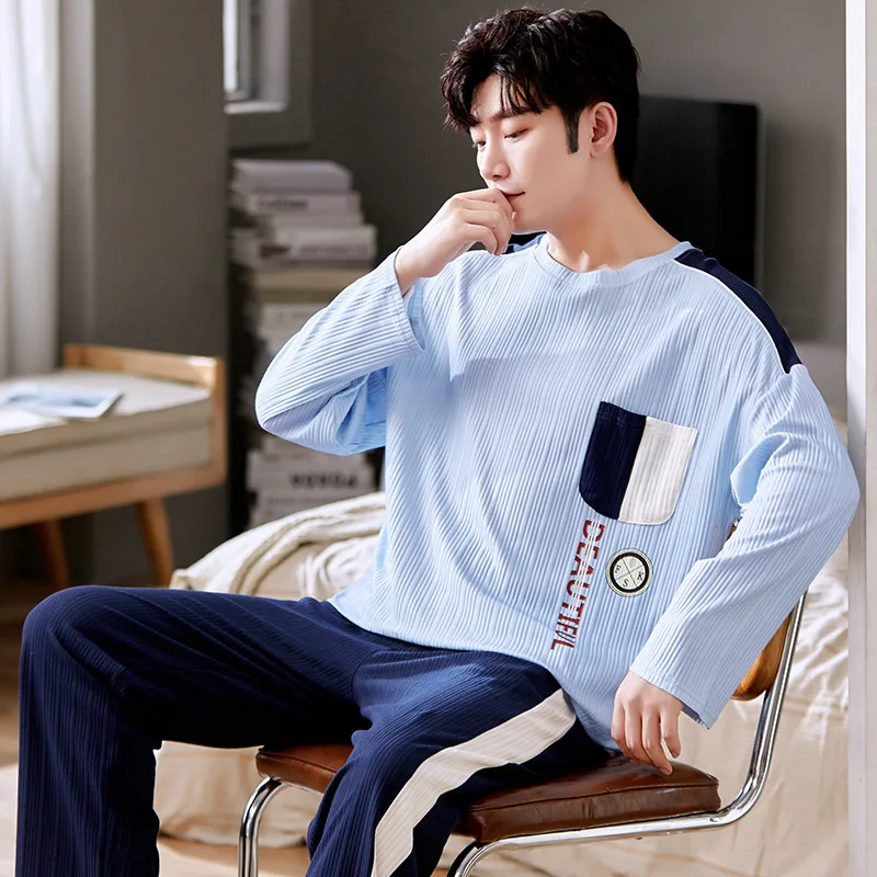 100% Cotton Pajamas Sets Men Long Sleeve Pijama Set for Male S-XXXL Size Pure Cotton Loungewear Nightie Sleepwear Man Pyjamas