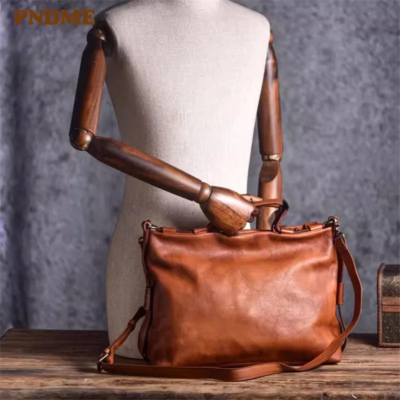 PNDME-maletín de cuero genuino vintage para hombre y mujer, organizador de lujo, bolso de mensajero para ordenador portátil