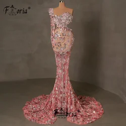 Sexy Illusion Women Evening Dress Pink Dubai Flower Lace 3D Prom Dress With Beaded Rhinestones Formal Occasion Dresses Cocktail