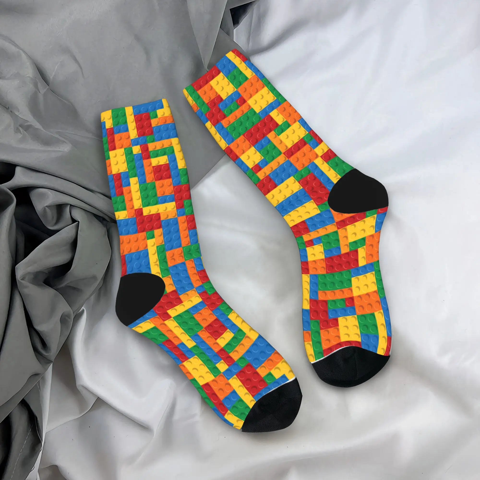Vintage Primary Color Building Blocks Pattern Socks Stockings Men Soft Breathable Running Socks Autumn Design Anti-Slip Socks