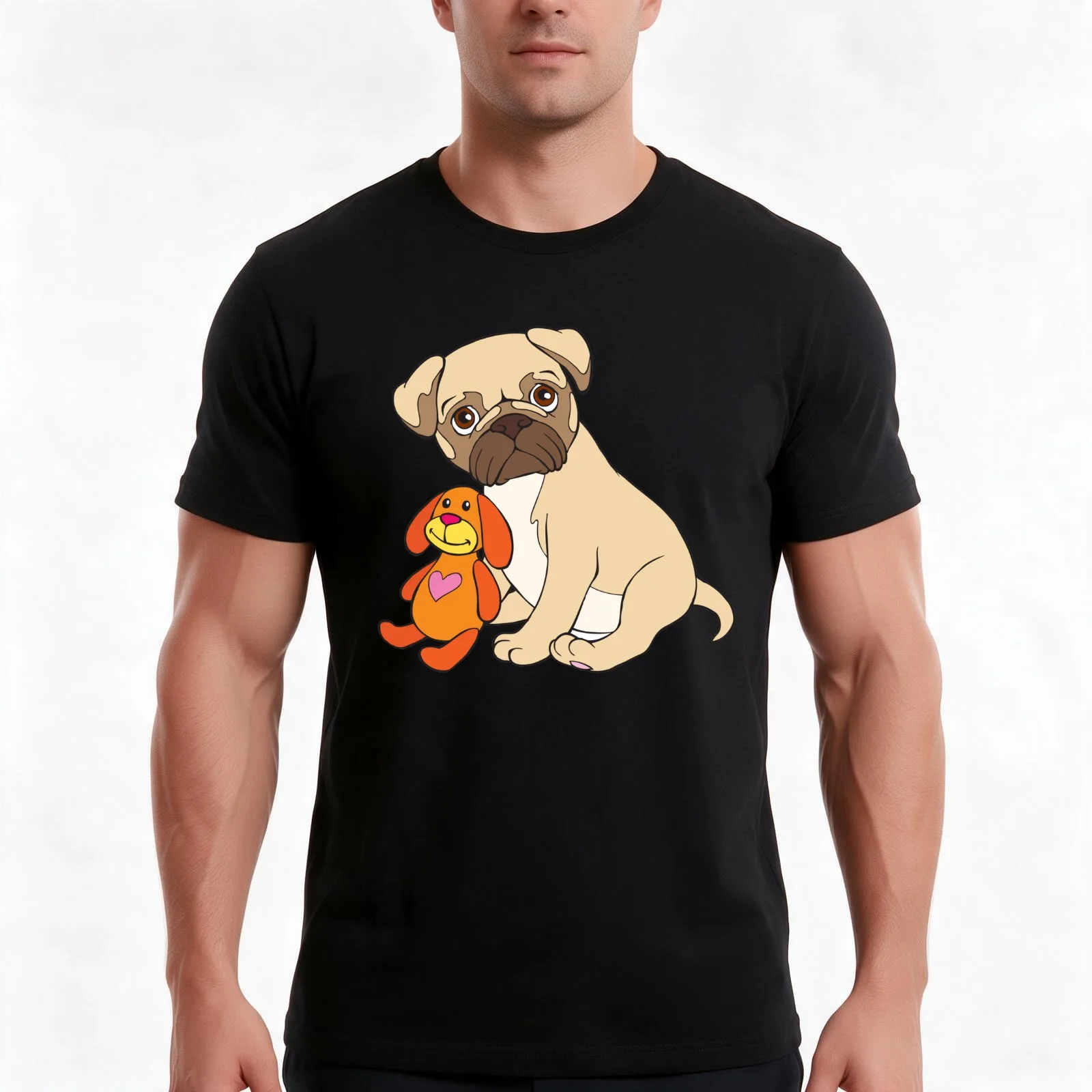 Pug with stuffed animal T-Shirt Summer Casual Cotton Tee Oversized Streetwear Tops Vintage Graphic Print Unisex Men Women