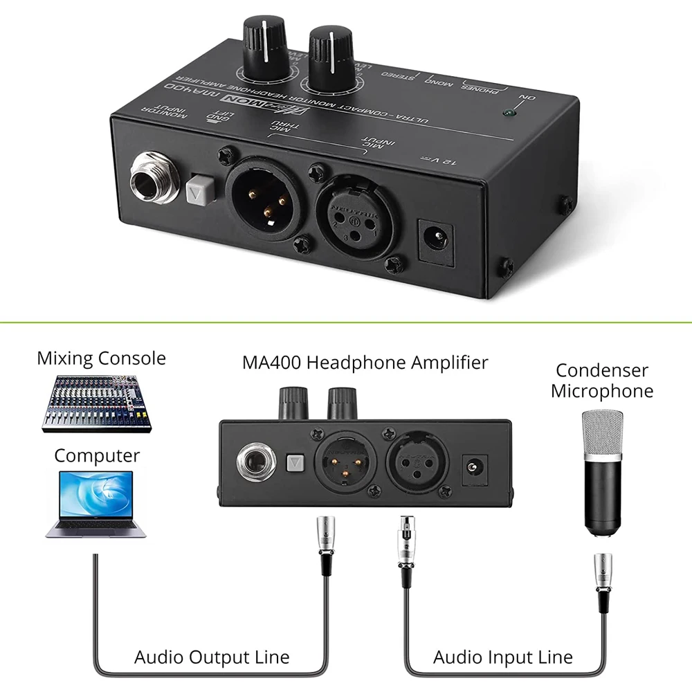 New MA400 Headphone Preamplifier Microphone Preamplifier Audio 6.35mm & 3.5mm Headphone Outputs Mixer with 12V  Power Supply