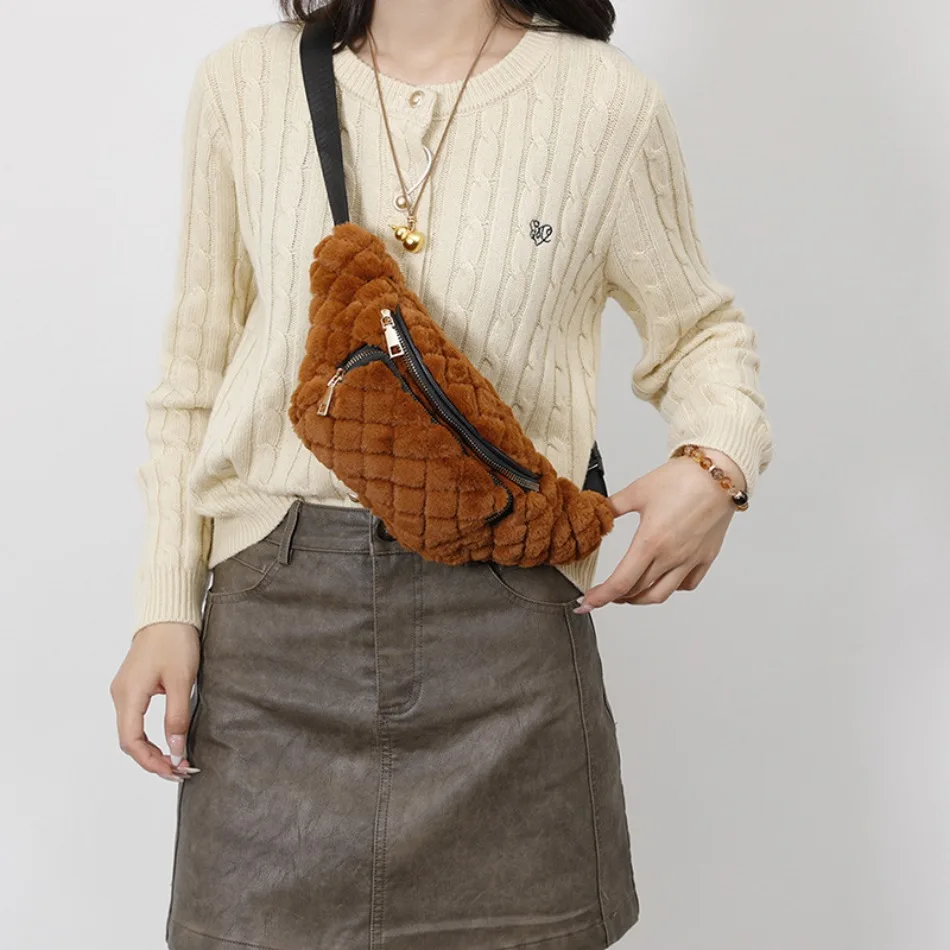 

Autumn and winter new plush chest bag simple fashion diamond lattice fur shoulder satchel casual lightweight waist bags
