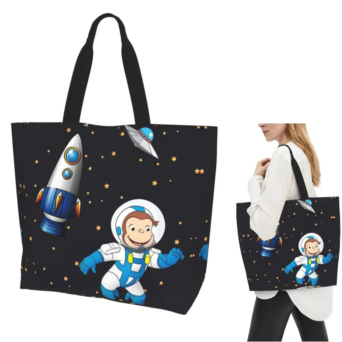 

George The Curious Monkey Astronaut Cartoon Shopping Tote Bag Canvas Large Capacity Shoulder Bags Shopper Grocery Handbag Women