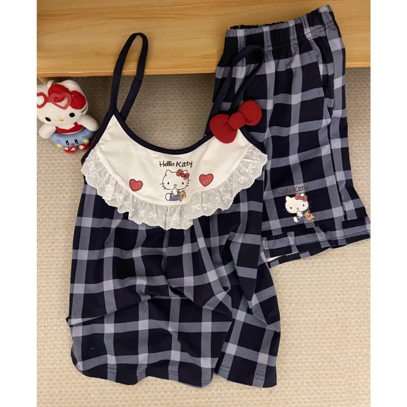 

Miniso Plaid Hellokitty Cute Pajamas Set Sleeveless Y2k Camis Top Shorts Casual 2 Piece Sleepwear Summer Kawaii Homewear Girls
