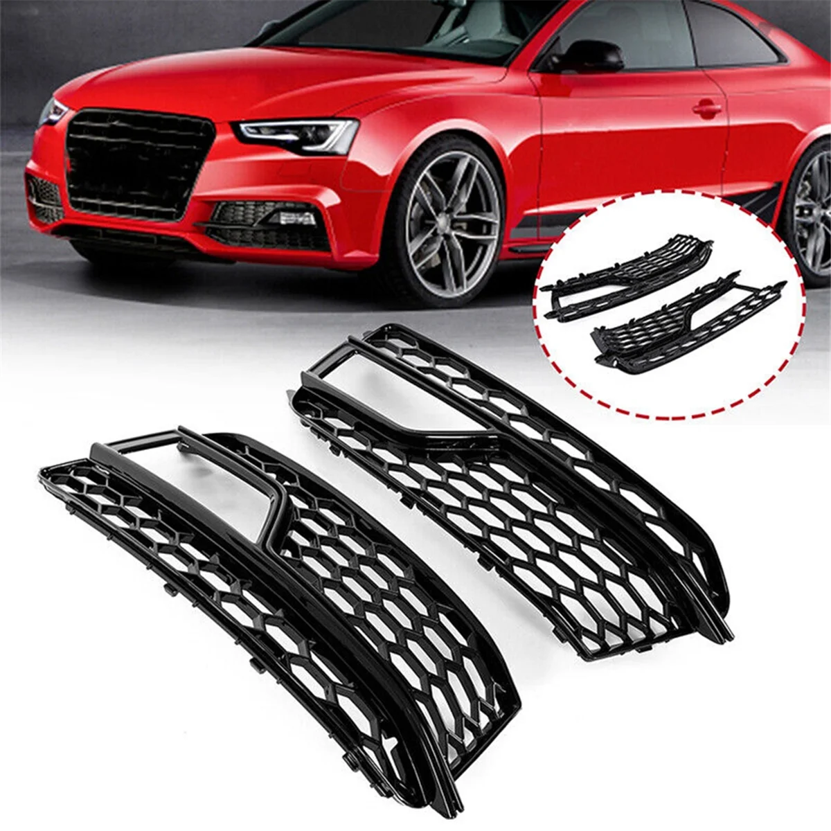 1 Pair Car Front Bumper Mesh Fog Light Cover Honeycomb Grill Grille Cover for S5 A5 S-Lines 2013-2016 8T0807681M