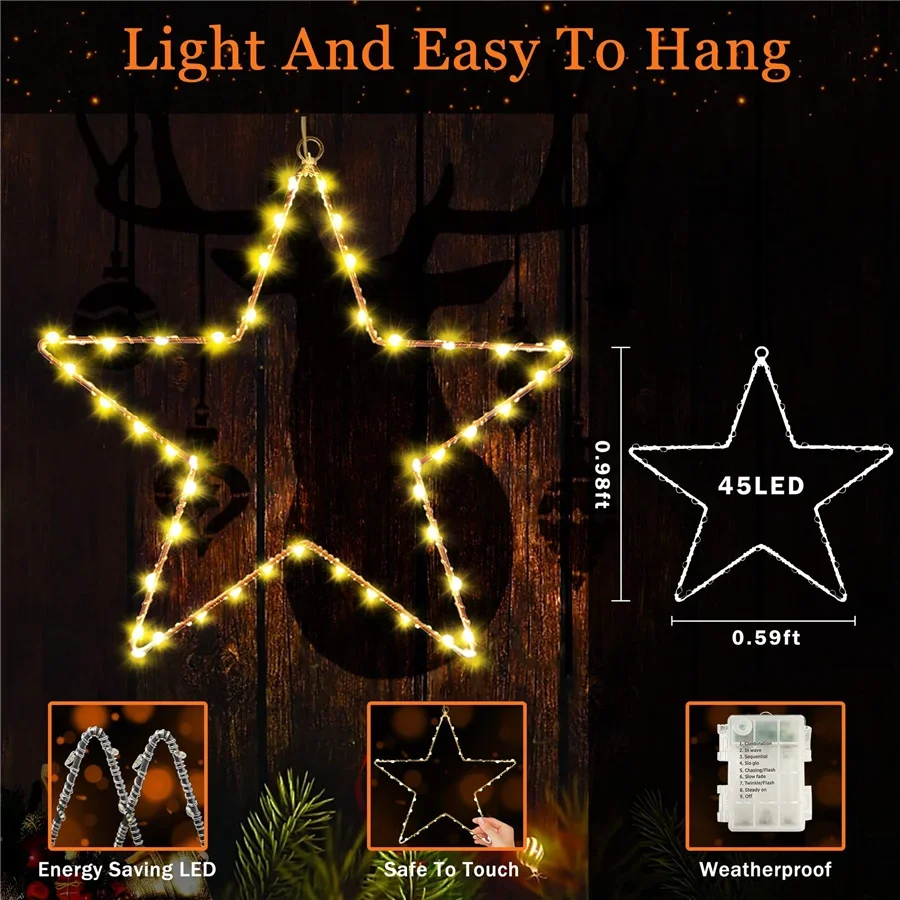 Iron Art Christmas Star Fairy Lights, alimentado por bateria, 8 modos, guirlanda, luzes de corda para festa de casamento, decoração do feriado, grande, 3pcs