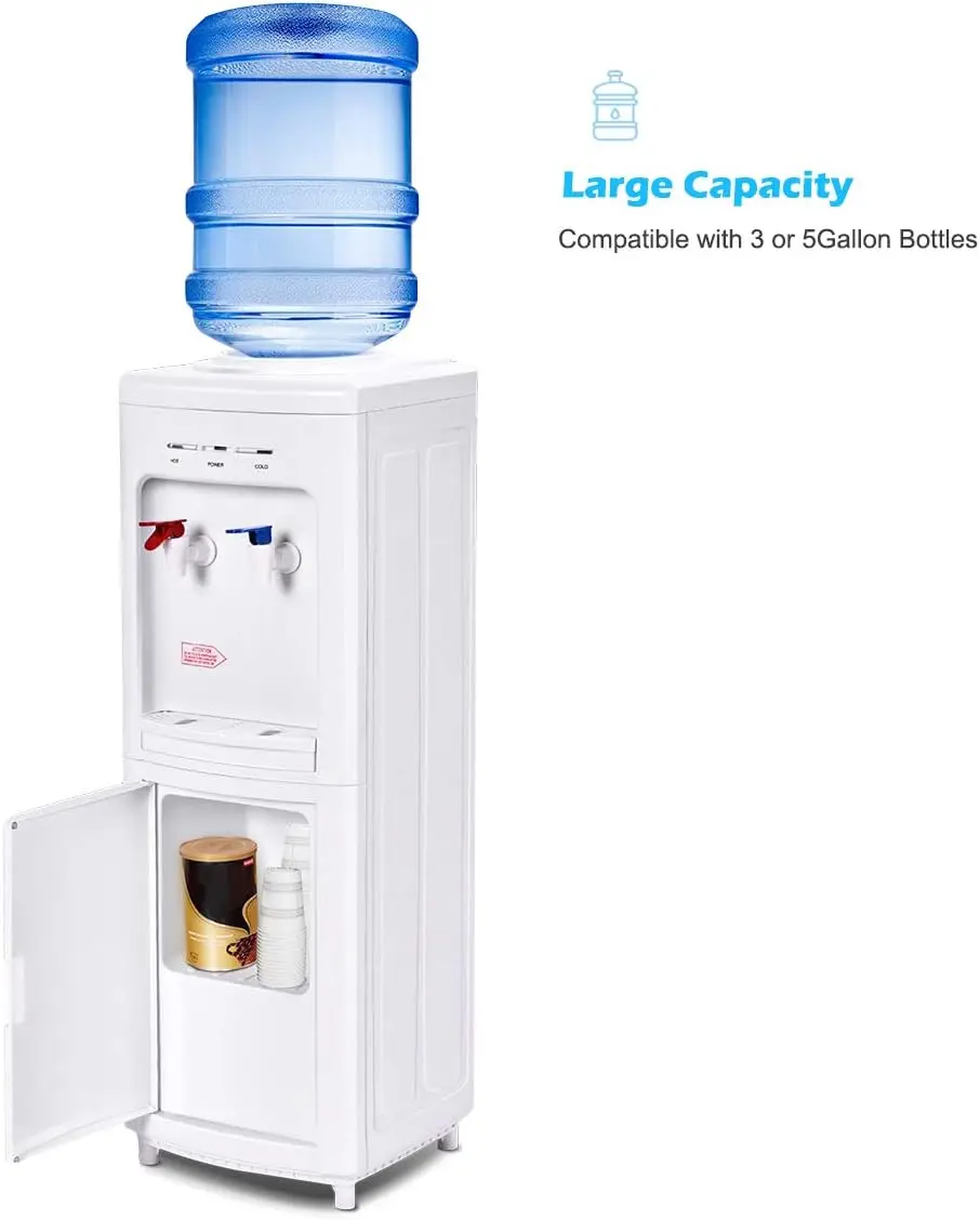 Water Cooler Dispenser for 3-5 Gallon Bottle, Top Loading Hot and Cold Water Dispenser with Storage Cabinet, Child Lock