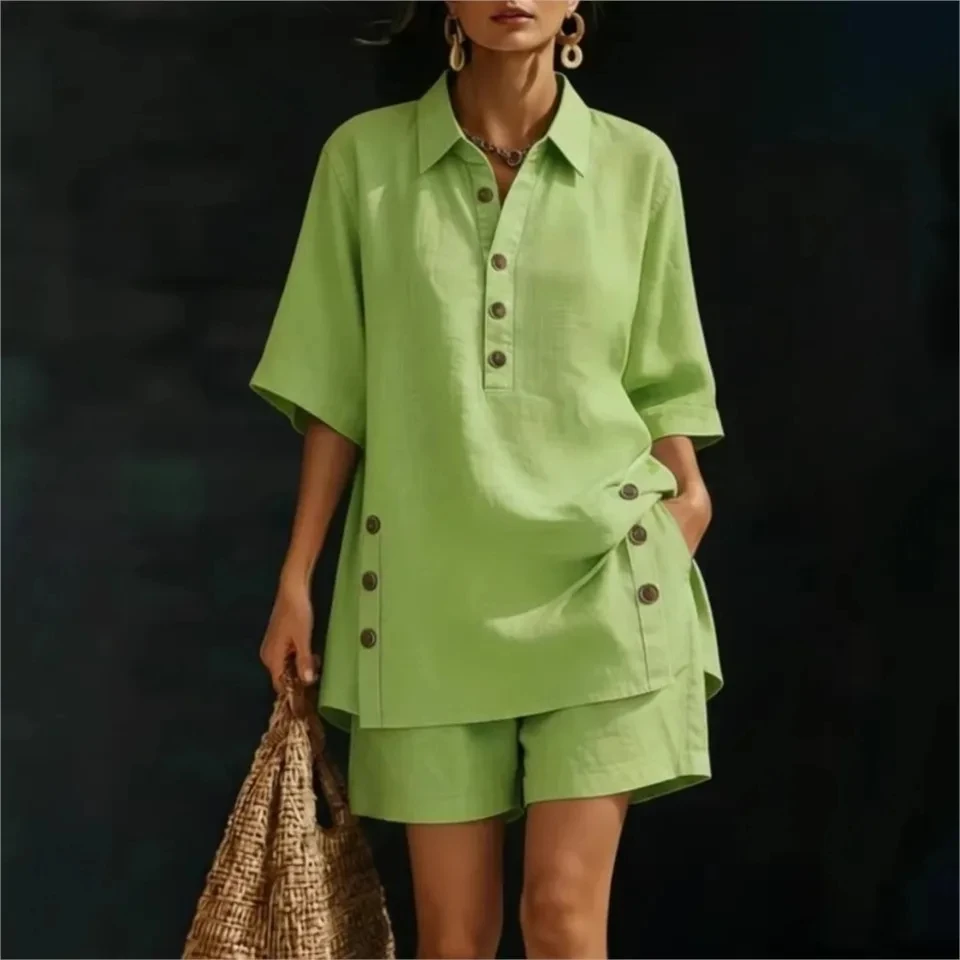 

Summer Loose Fashion Lapel Button Short-sleeved Shirt Set Women's 2026 Solid Color Casual Slit Pocket Shorts Female 2-piece Set