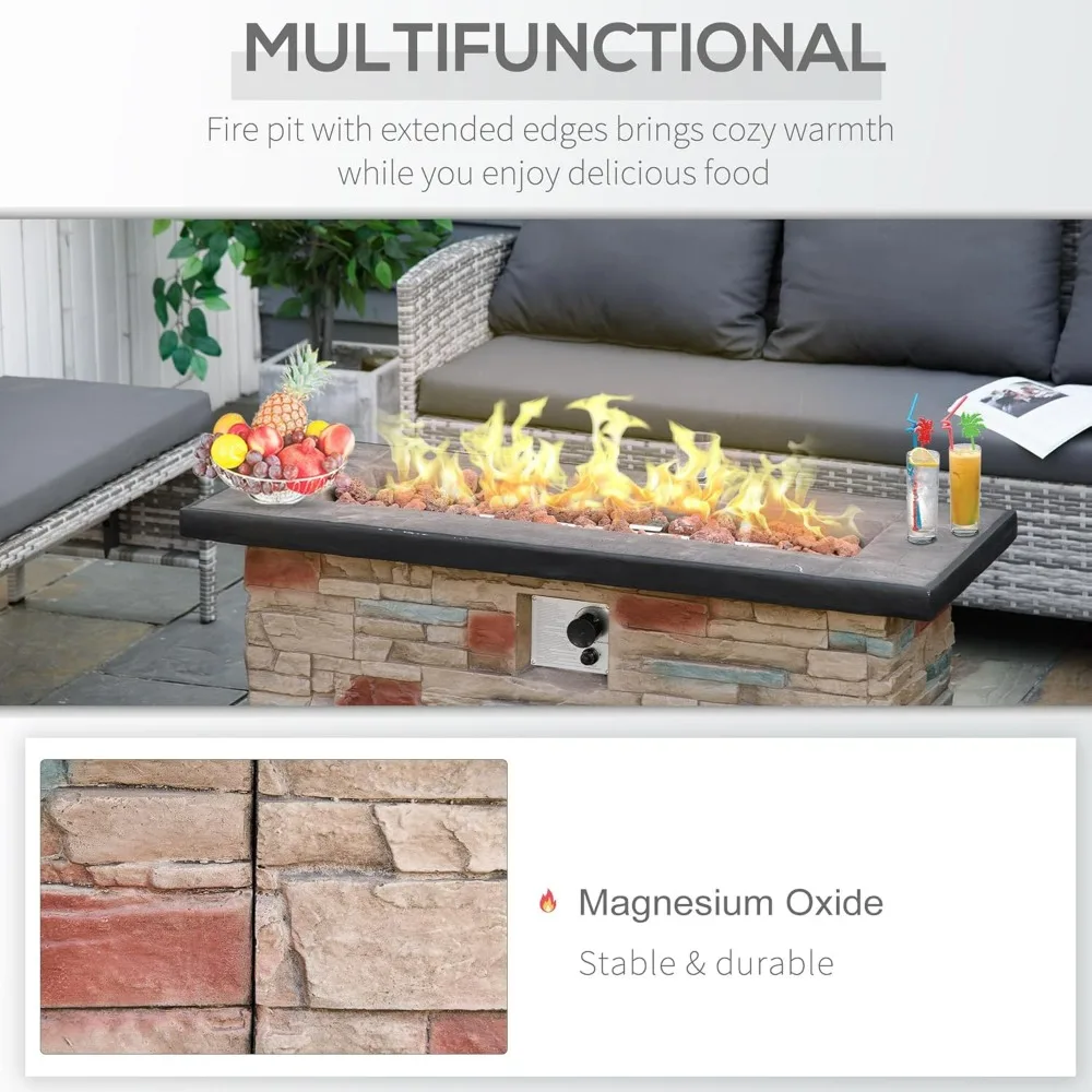 48 Inch Outdoor Fire Pit Table, Auto-Ignition Faux Ledge Stone Gas Firepit with Lava Rocks and Rain Cover, Fire Pit Outdoor