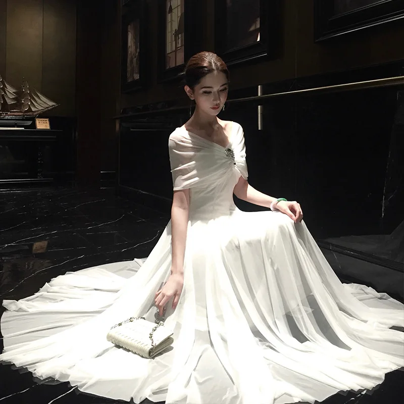 

White Moonlight Style Tube Top Mesh Flowy Long Evening Dress