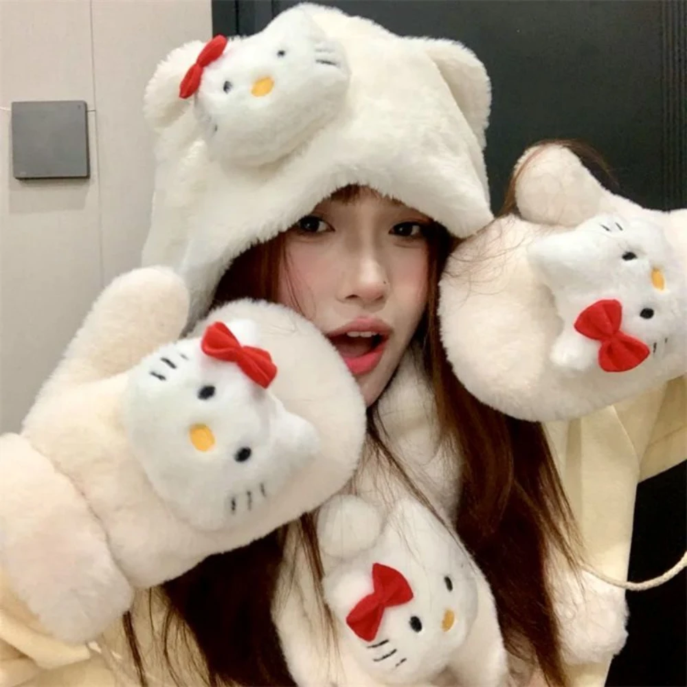 Hello Kitty Hat Miniso Cute Plush Embroidered Gloves Cute Winter Earmuffs Cycling Warm Student Plush Thick Versatile Scarf