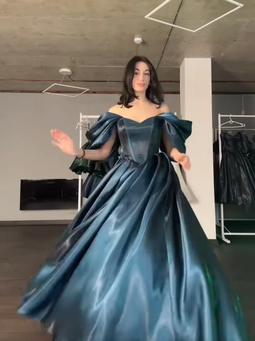 

EGS Modern Turquoise Evening Dresses Off The Shoulder A-Line Formal Prom Dresses Shiny Long Birthday Party Gowns Customized