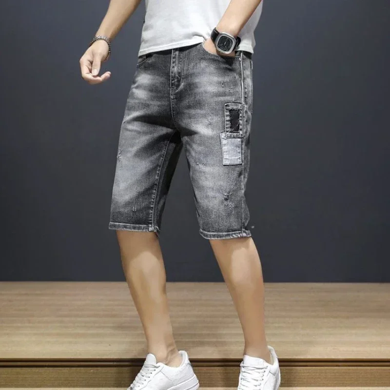 Short Jeans Pants for Men Half with Text Ripped Long Man Denim Shorts Bermuda Cowboy Jorts Xl Summer Korean Style Trend 2024