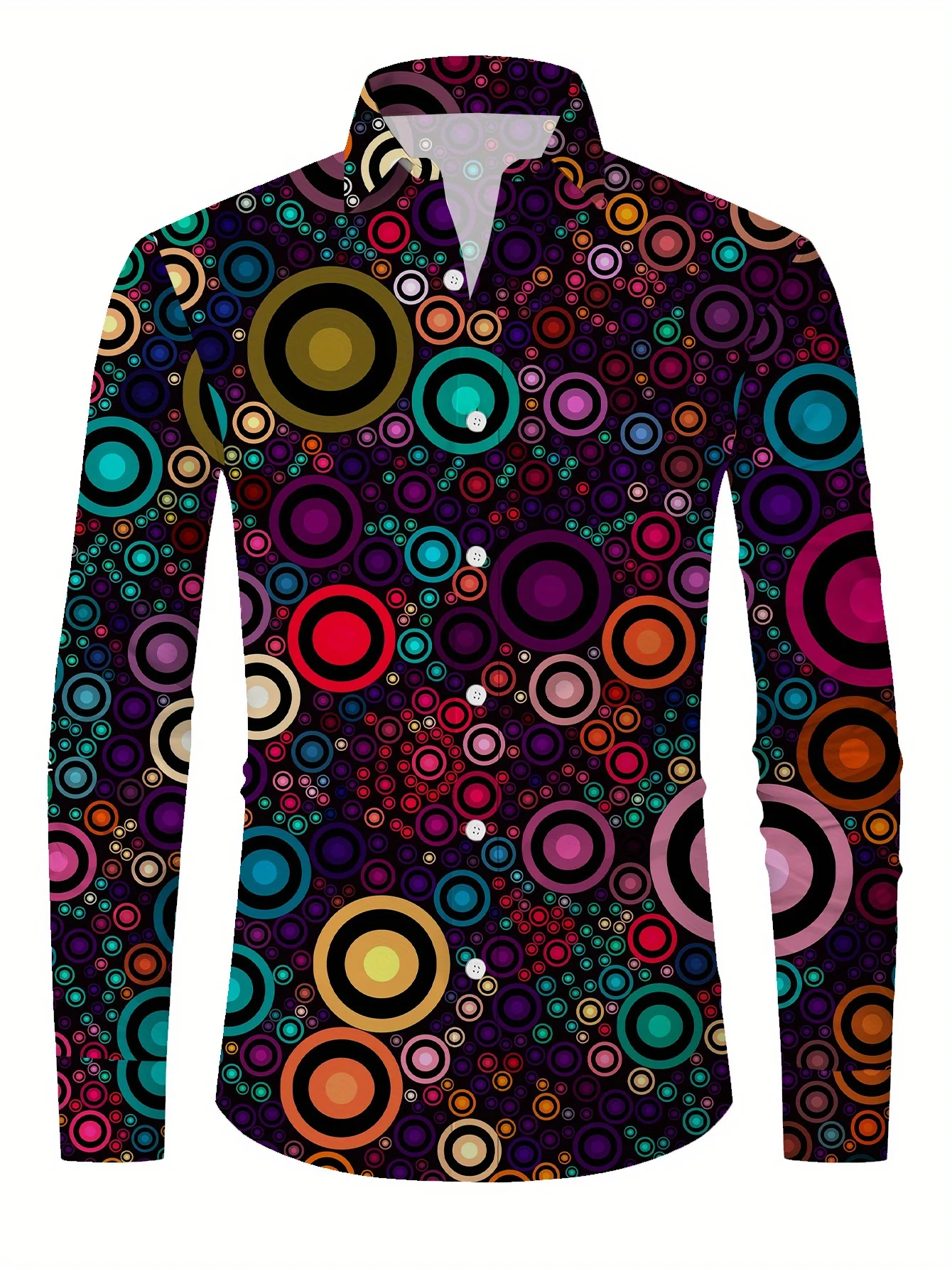 Men Retro Colorful Circle Geometric Print Long Sleeve Shirt Turn‑Down Collar Button‑Up Polyester Party Blouse