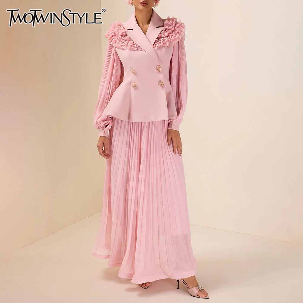 

TWOTWINSTYLE Solid Slimming Two Piece Sets for Women Lapel Long Sleeves Spliced Fungus Folds Blazer High Waist Skirt Set Female