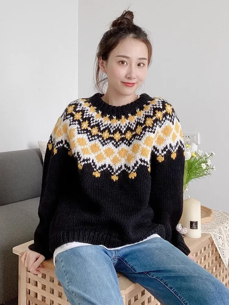 Fall Winter Pullovers Sweater Women Nordic Retro Fair Island Sweaters Handmade Warm Thick 100% Wool Pullover Jumper Sweaters