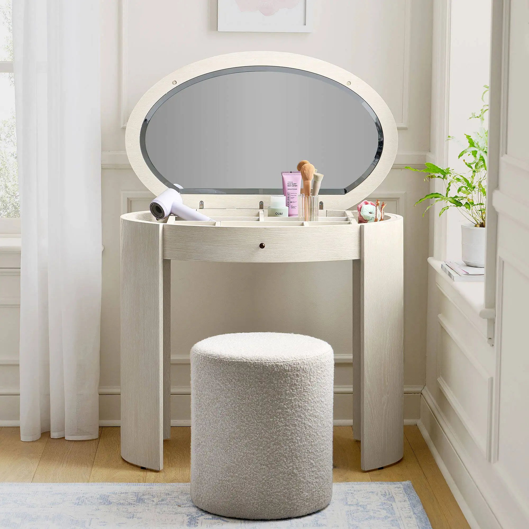 

Customized velvet living room leisure stool creative oval bedroom white solid wood dresser makeup table stool combination
