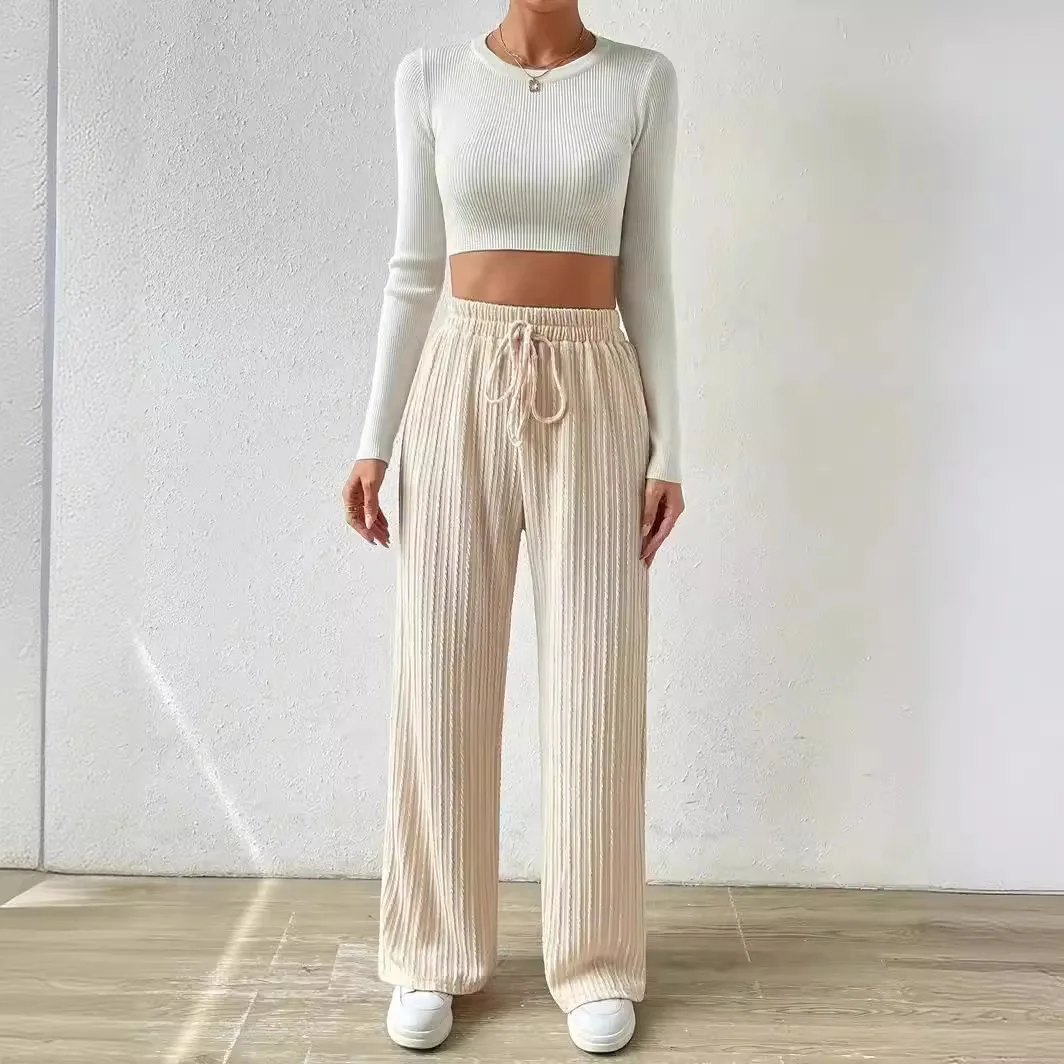 

New Knit Waist Texture Wide Leg Pants Elastic High Waist Solid Color Casual Loose Straight Leg Women's Wear