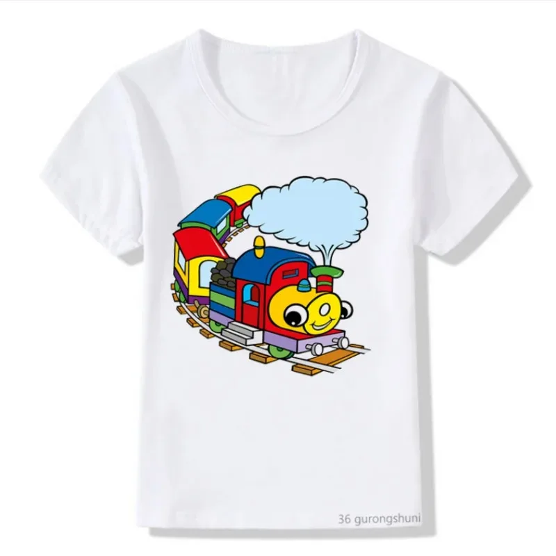 Divertido tren pequeño estampado de dibujos animados para niños ropa de cumpleaños verano Casual niño ropa camiseta blanca Tops