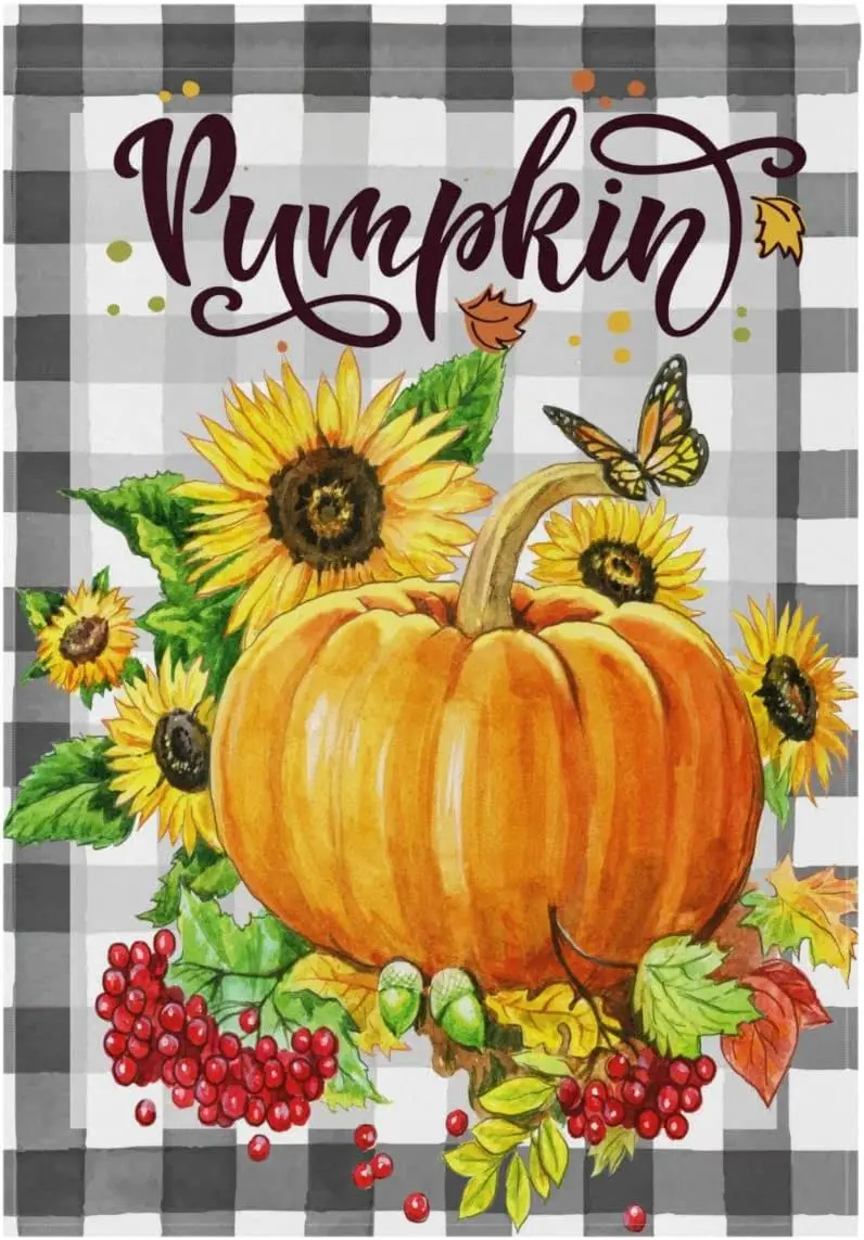 Pumpkin Sunflowers Berry Harvest Garden Flag 12 x 18 Double Sided Welcome Fall Autumn Black Plaid Tartan House Yard Flags Outdoo