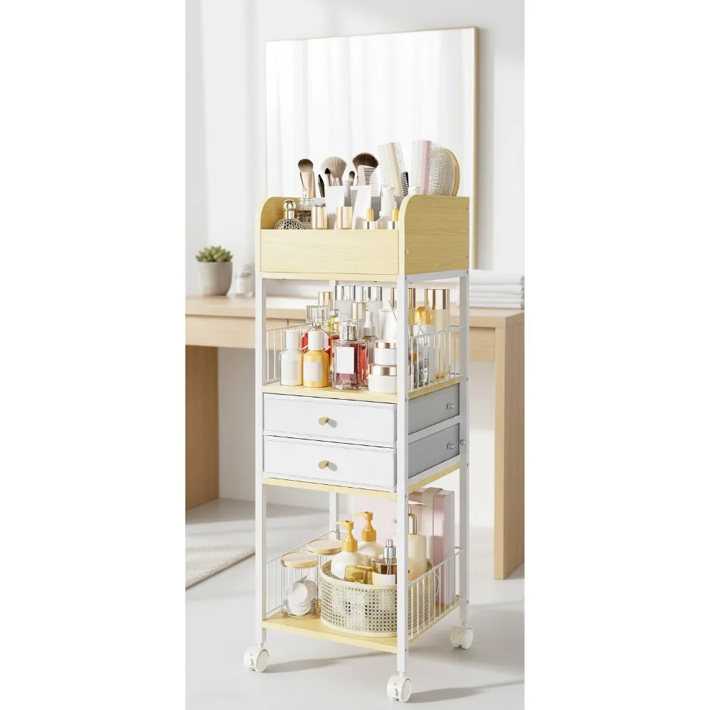 

Rolling Makeup Organizer Cart with Drawers and Wheels, Versatile Storage for Bathroom Kitchen Home White Metal Wood
