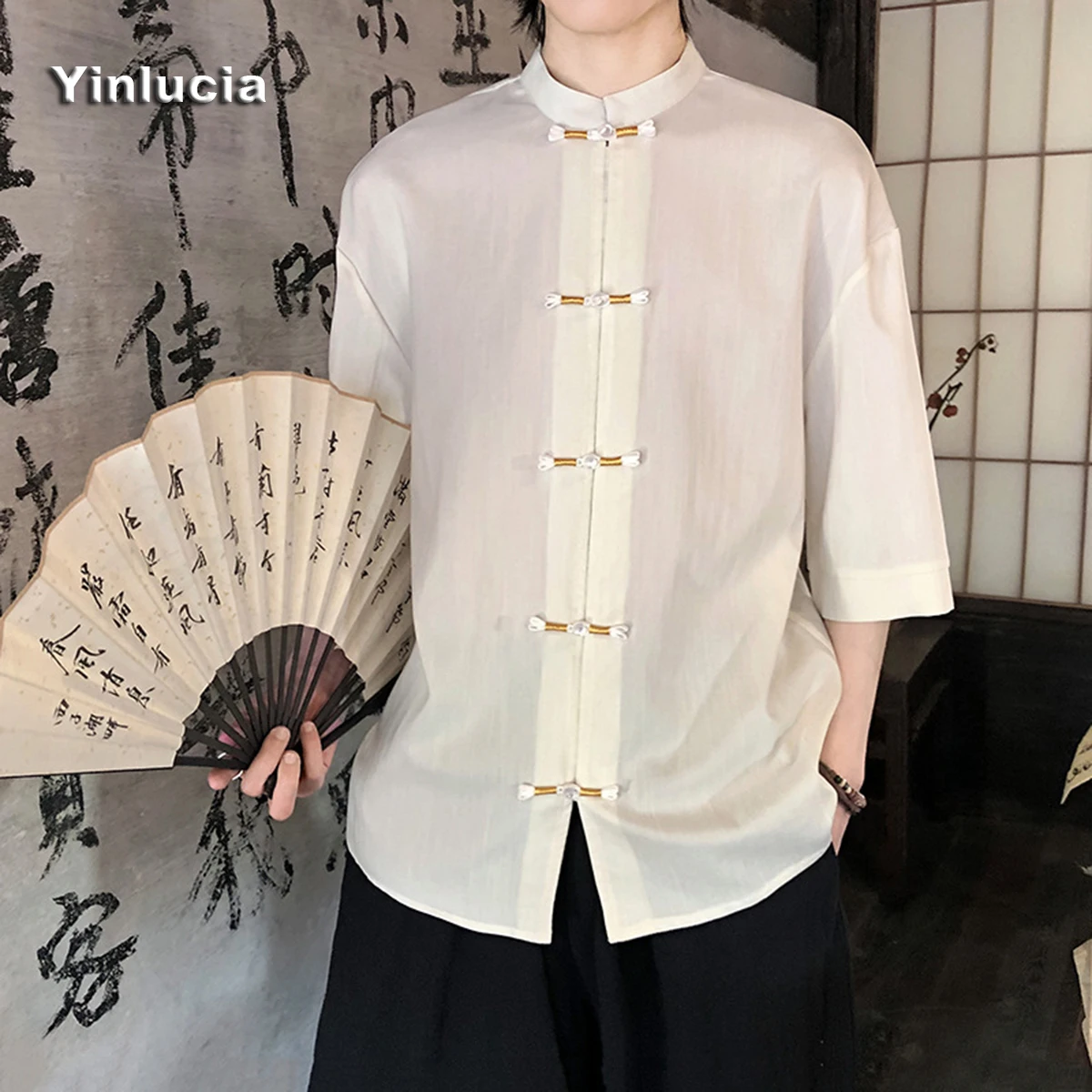 Linen Shirts Traditional Chinese Buttoned Golden Shirt Chinese Style Tang Tee Summer Thin Loose For Man Neutral Stand Collar