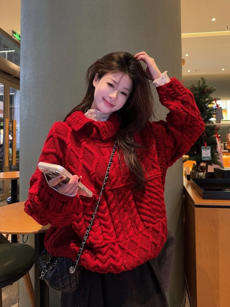 

Sweet Sle Women's High Collar Sweater Set Red Cherry Inner irt Trendy Two-Piece Set Comfortable Korean Faion Winter Wear