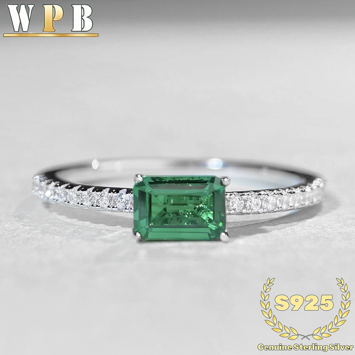 Luxury S925 Sterling Silver Emerald Cut Green Zircon Ring with Clear Zircon Accents, Minimalist Design for Daily and Formal Wear