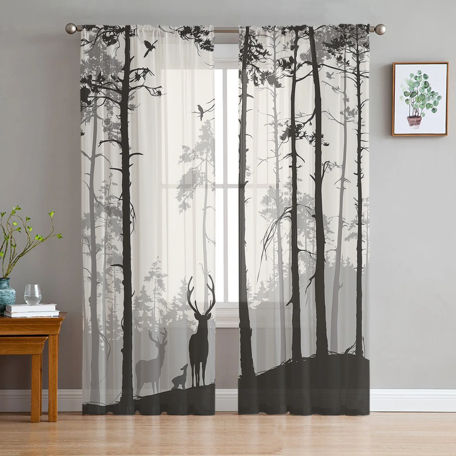 

Reindeer Pine Tree Silhouette Tulle Curtains for Living Room Sheer Curtains for Bedroom Kitchen Window Curtain